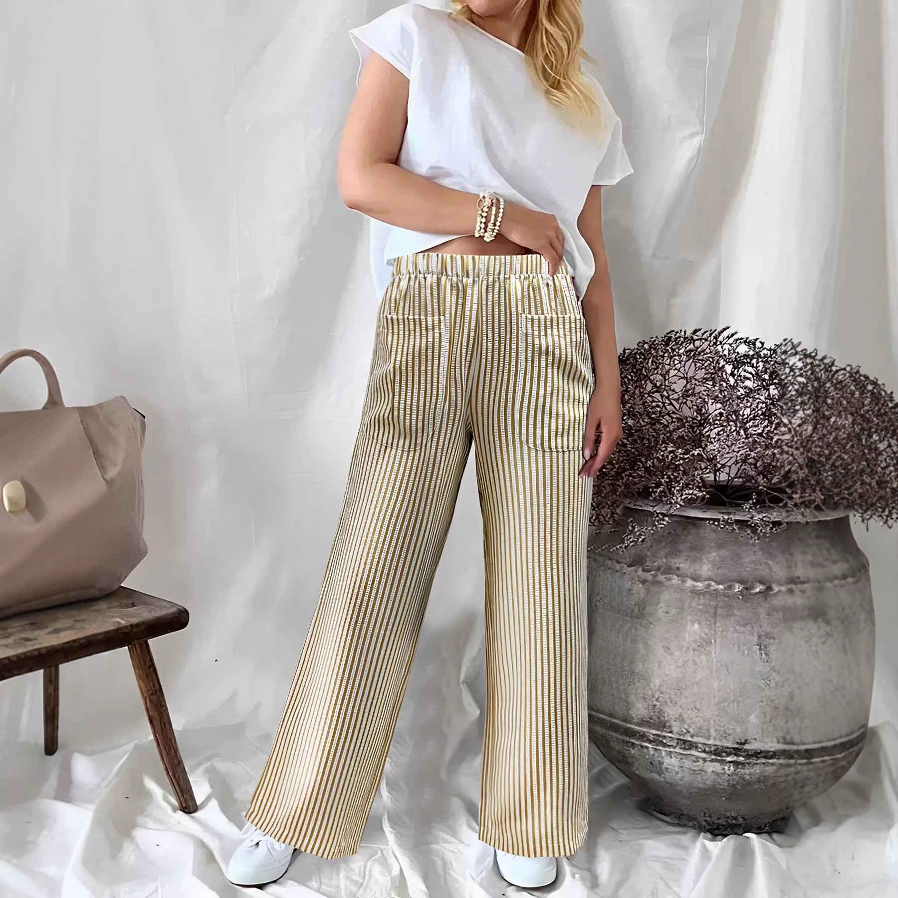 Fall Winter New Women's Loose Striped Pocket Fashion Casual Wide Leg Pants