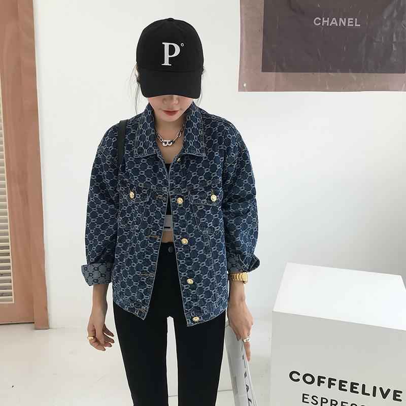 Full printed jacquard long sleeved denim jacket for women early autumn casual top spring and autumn denim jacket