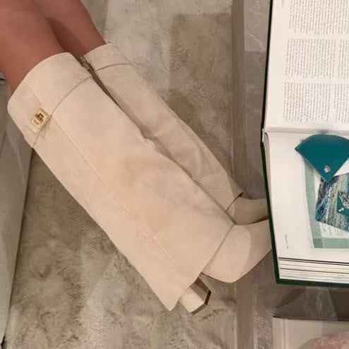 Boots with pointed toes large tube circumference straight tube metal buckle medium length tube thick heel women's boots