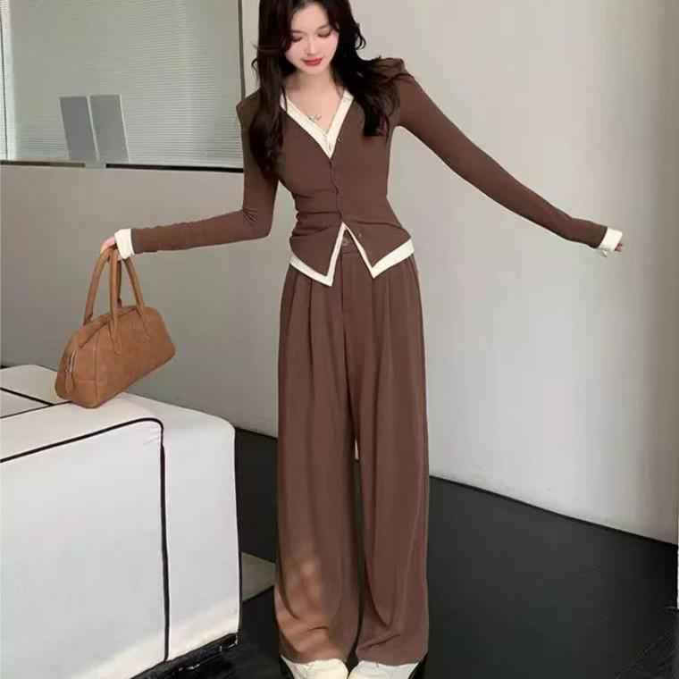 Two-Piece Set with Illusion Two-Piece Design Slimming Top + High-Waisted Slimming Wide-Leg Pants