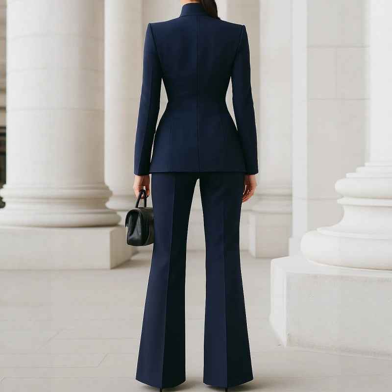 Solid color pocket one button small suit+long suit pants two-piece set