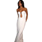 Solid color elegant strapless U-neck high waisted long dress