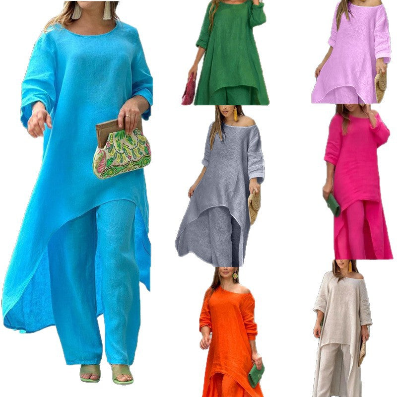 Cotton Linen Long Sleeve Irregular Hem Loose Fit Women's Two-Piece Set Top &amp; Wide-Leg Pants