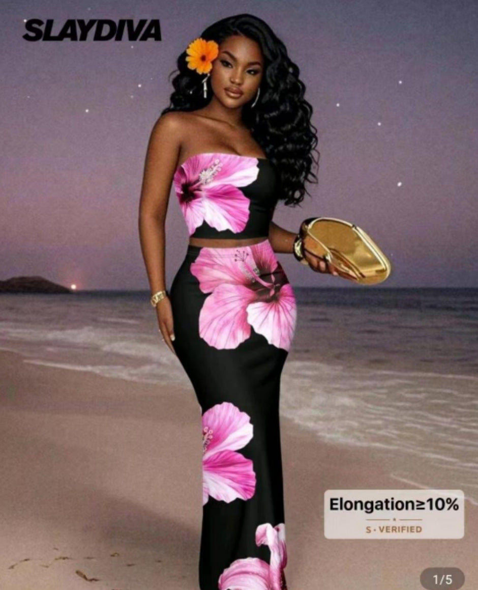 Sexy Fitted Strapless Floral Crop Top amp Bodycon Skirt Two-Piece Set for Women