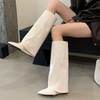 Fashionable Square Toe Slimming Versatile Flat Mid-Heel Elegant French Style Over-the-Knee Boots for Women