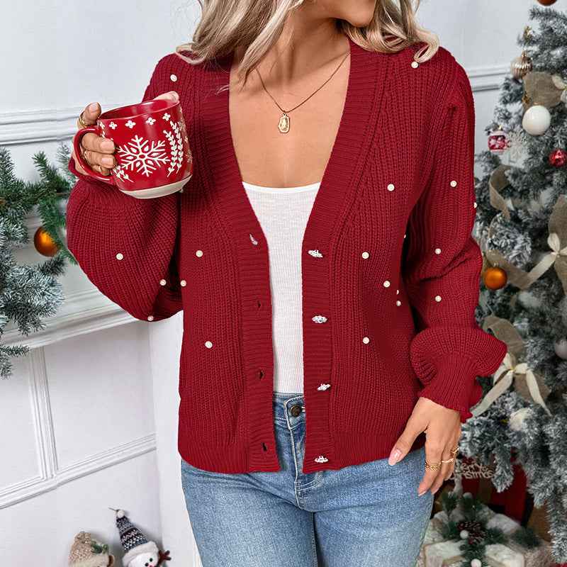 Knitted cardigan V-neck pearl decorated red Christmas sweater jacket for women