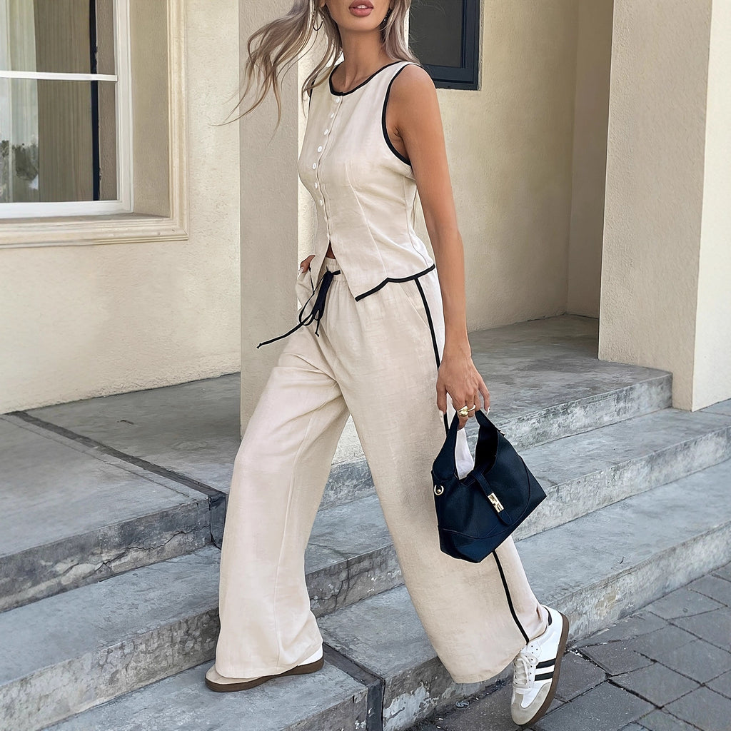 Summer  Export Women's Sleeveless Single-breasted Vest and Drawstring Pants Set