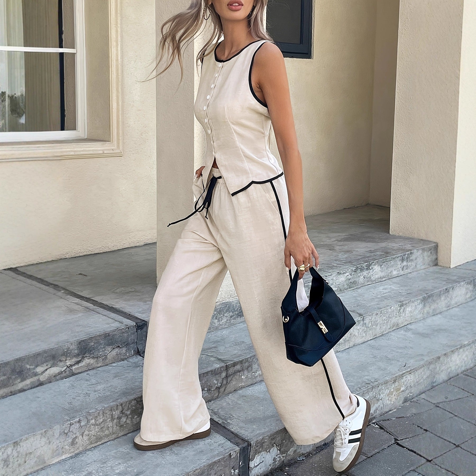 Summer  Export Women's Sleeveless Single-breasted Vest and Drawstring Pants Set