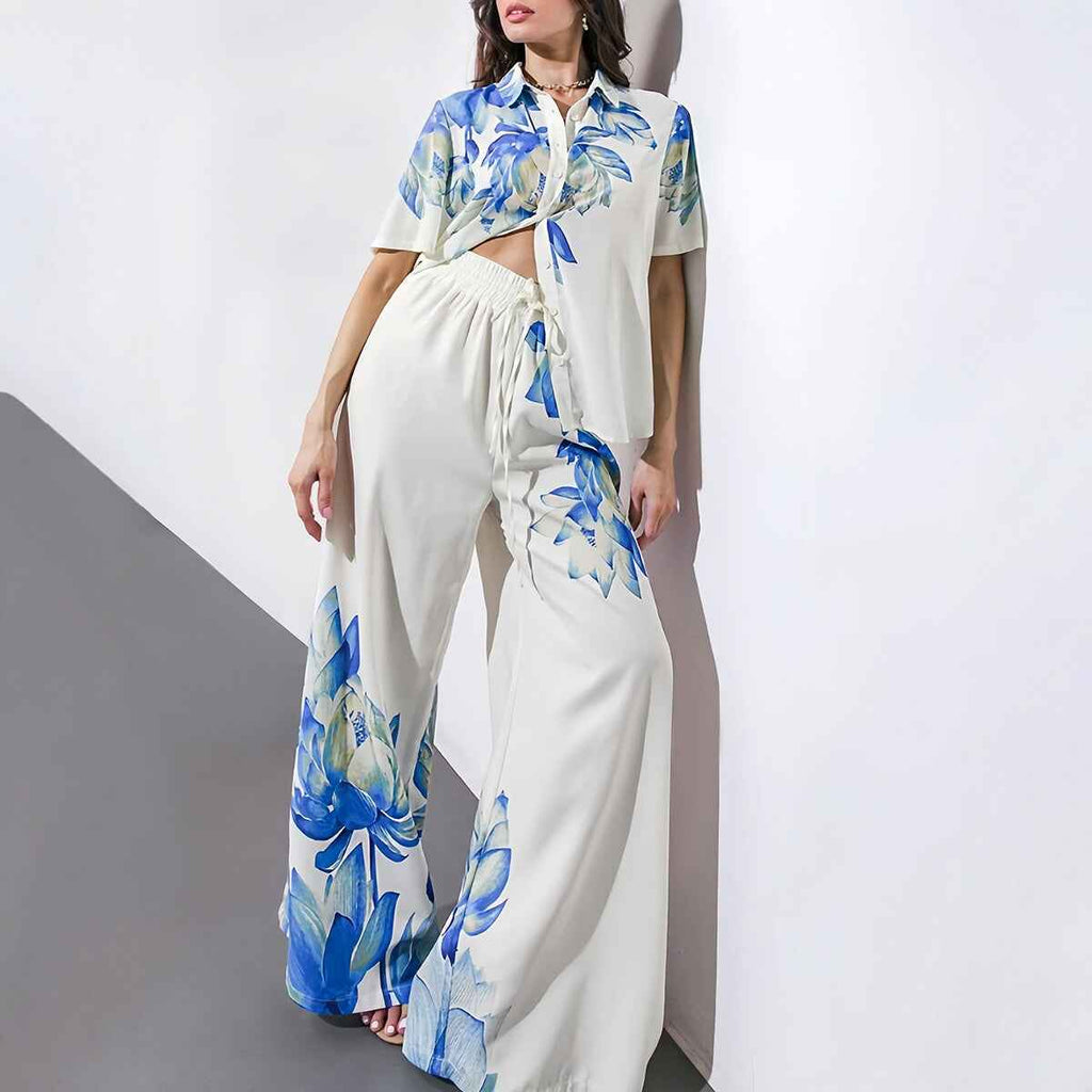 Summer  Printed Wide-Leg Pants Set for Women, Casual Fashion Two-Piece Set, Blue Floral Tie-Up Shirt