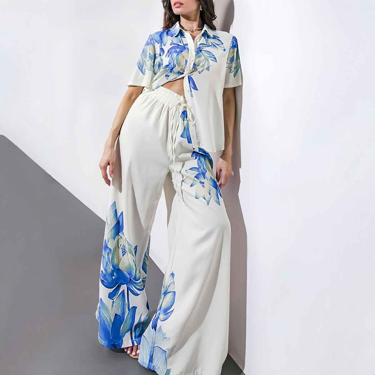 Summer  Printed Wide-Leg Pants Set for Women, Casual Fashion Two-Piece Set, Blue Floral Tie-Up Shirt