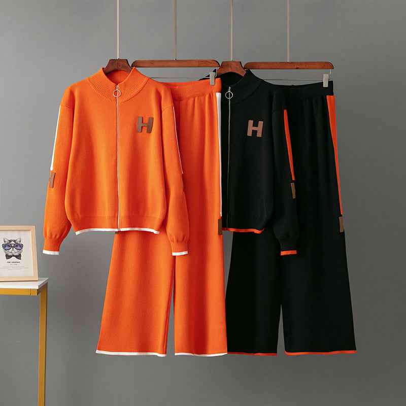 Round neck zipper top loose sports pants two-piece set