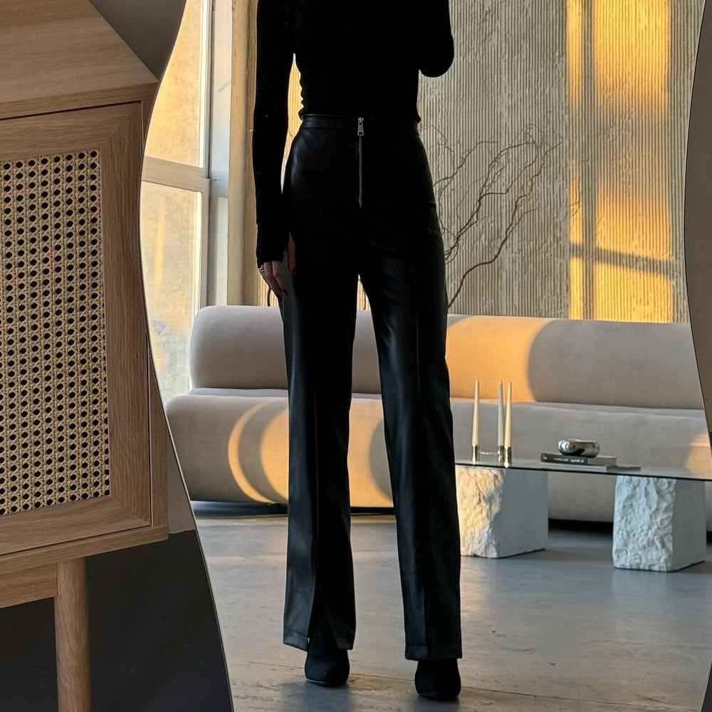 Casual straight leg PU wide leg leather pants