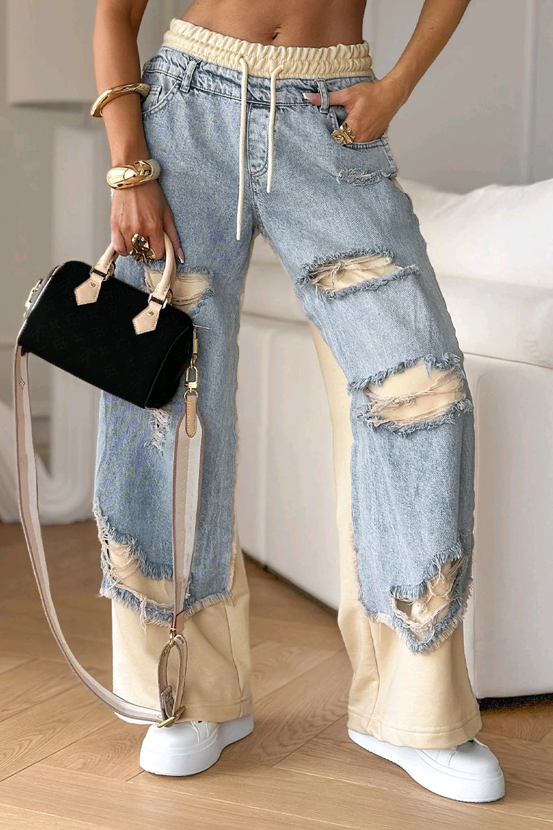Street Style High-Waisted Tied Spliced Ripped Denim Pants for Women