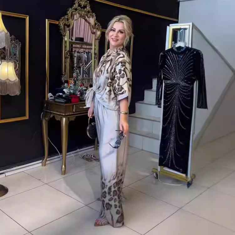 Irregular printed top split pants temperament two-piece set