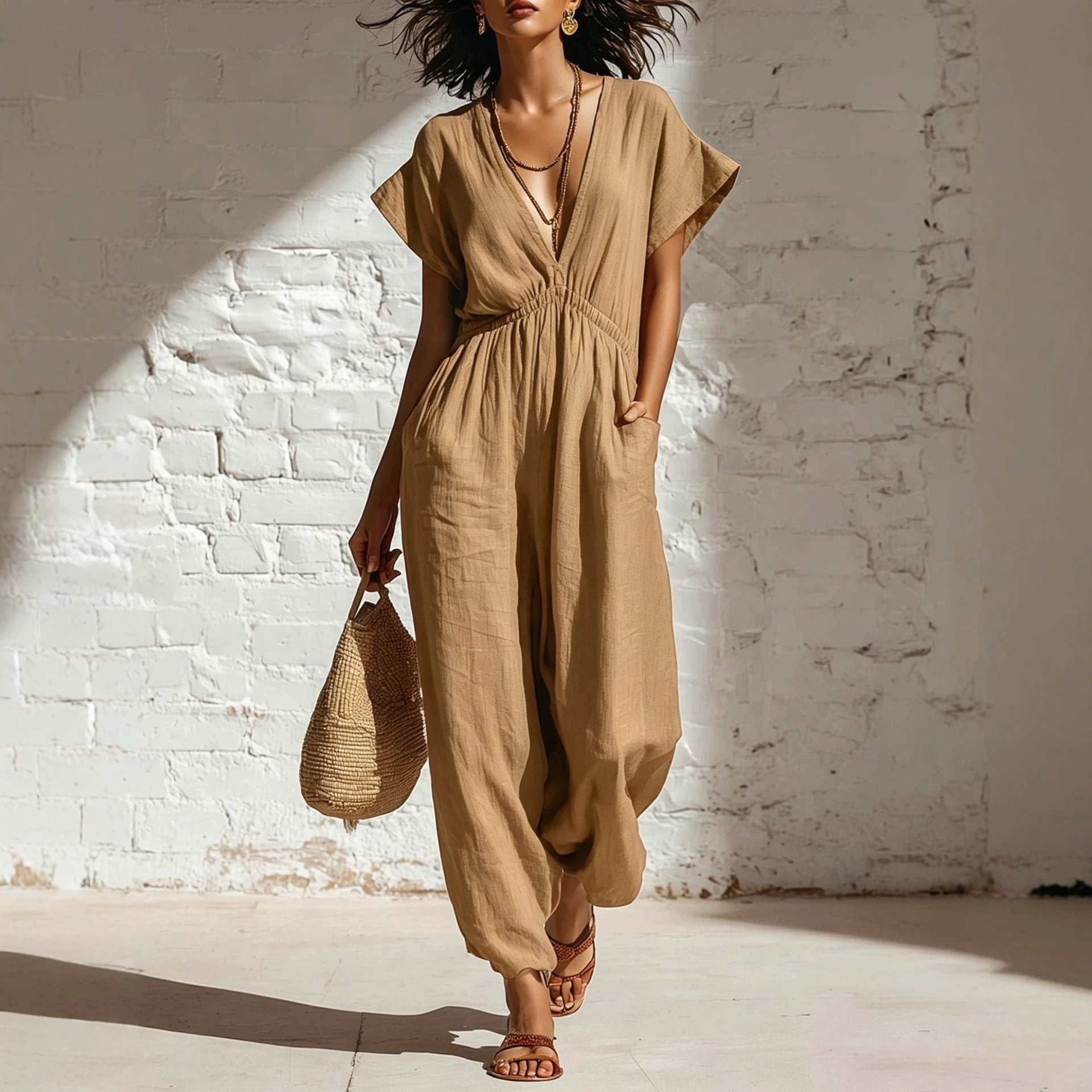 Deep V-neck loose fit pants for women
