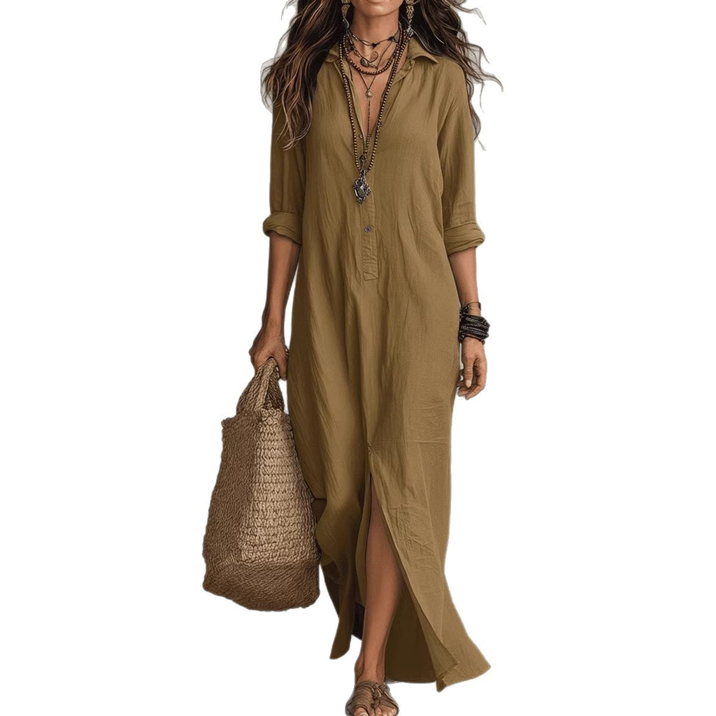 Summer Casual Solid Color Turn-Down Collar Front Slit Long Dress
