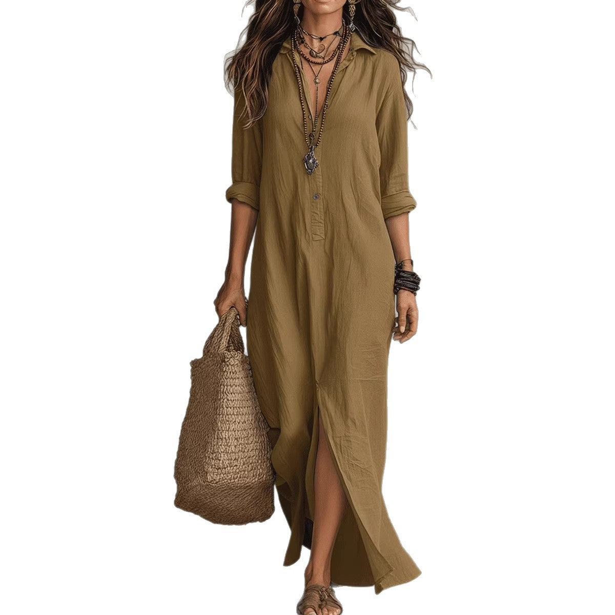 Summer Casual Solid Color Turn-Down Collar Front Slit Long Dress