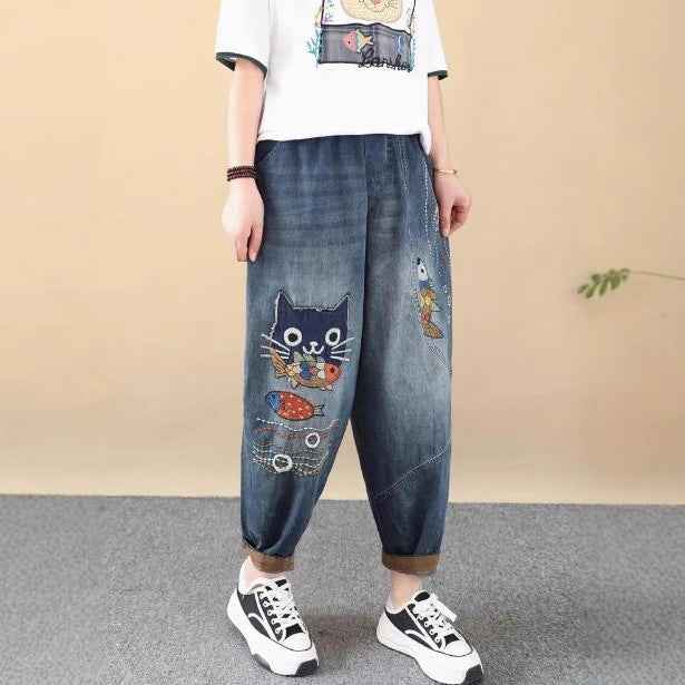 Retro Cartoon Owl Applique Embroidery Denim Pants Women Loose Plus Size Slimming Cuffed Ankle-Length Dad Harem Pants