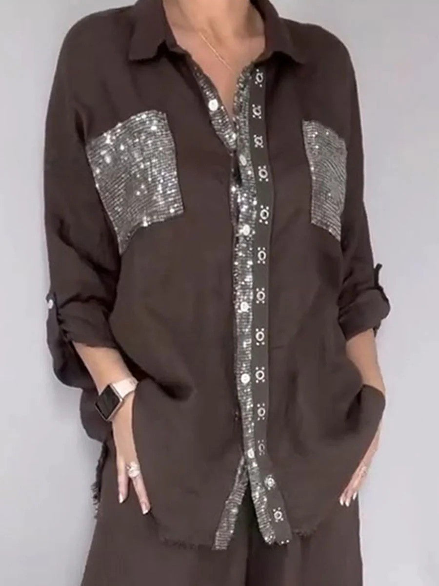 New Fashion Casual Women's Set with Pocket Placket and Gold Embellished Round Neck Design eprolo