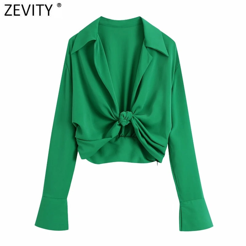 Zevity Women Fashion Turn Down Collar Knotted Green Color Short Smock Blouse Female Long Sleeve Slim Shirt Chic Crop Tops LS9465 eprolo
