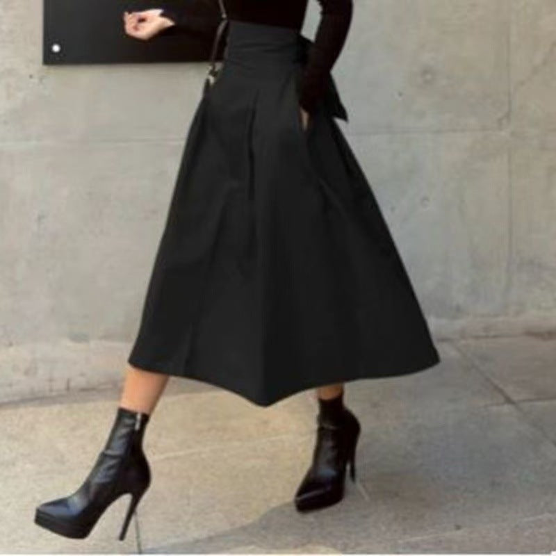 High Waist Midi A-Line Pleated Skirt with Bow Tie Belt, Fitted and Flared Design for Women