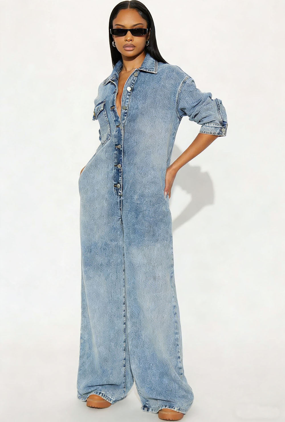 Women's Denim Jumpsuit with Button Front Long Sleeve Bodysuit