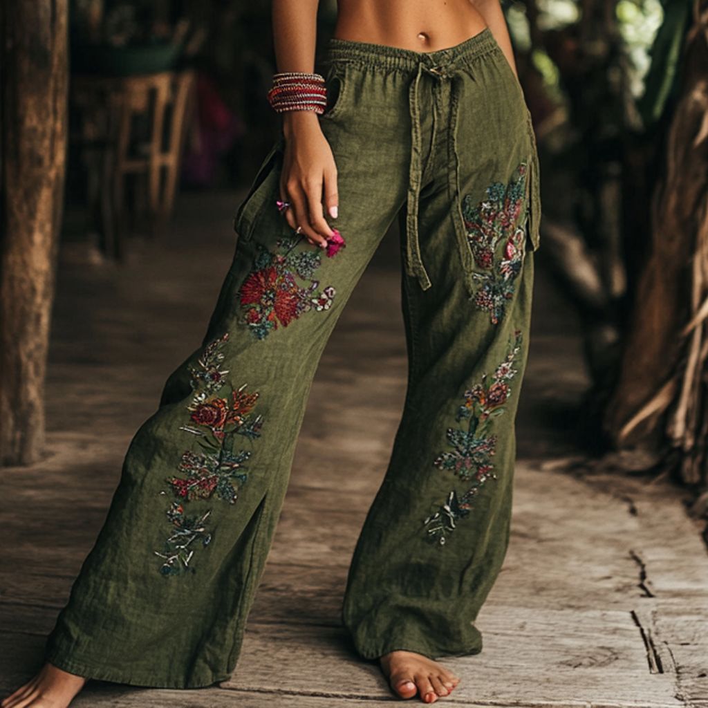 Elegant Style Printed Wide-Leg Pants with Waist Tie, Fashionable Casual Long Trousers