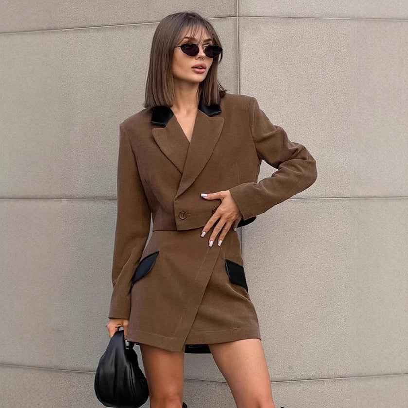 Vintage Brown Wool Suit Set for Women, Retro Blazer and Short Skirt Two-Piece Set, Elegant Style