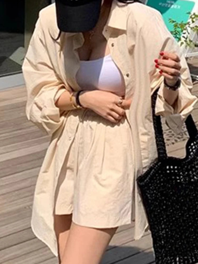 Sunscreen clothing loose fitting mid length shirt+elastic shorts two-piece set