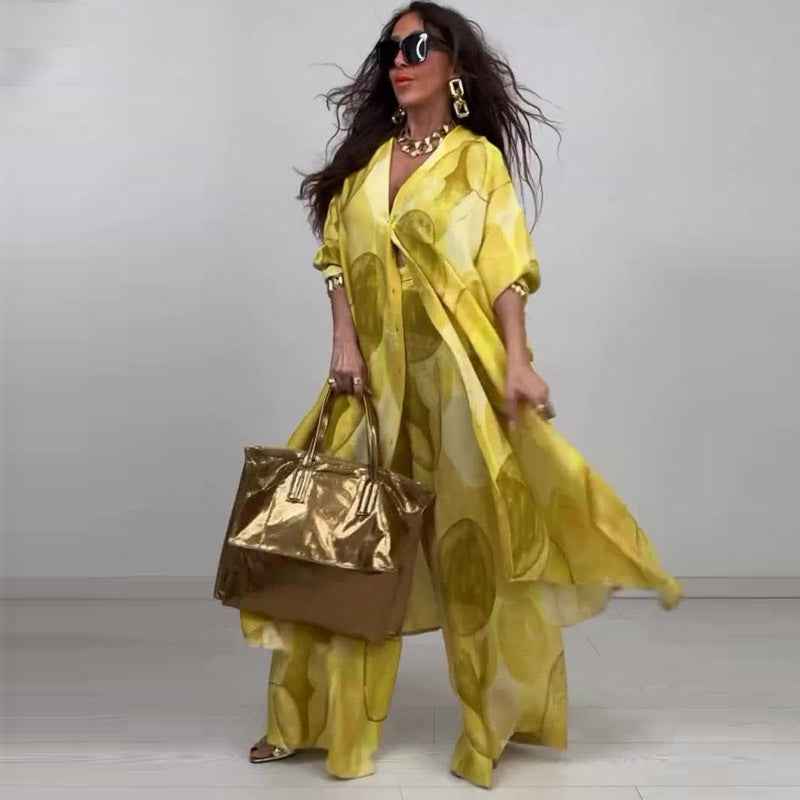 Elegant and sexy printed top+wide leg pants two-piece set