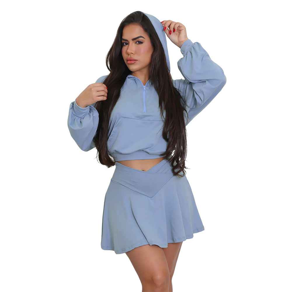 Solid Color Suit Set for Women - Casual Sportswear Two-Piece Skirt and Pants with Hoodie Top