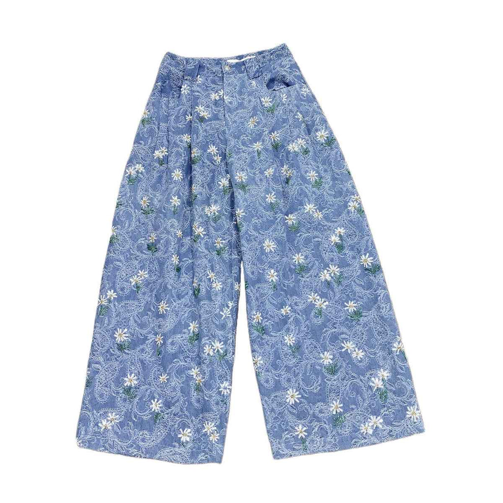 Fashionable Embroidered Denim Pants with Heavy Beading and Jacquard Pattern