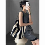 Women's Canvas Tote Bucket Bag — Black & White Contrast Wide Shoulder Strap