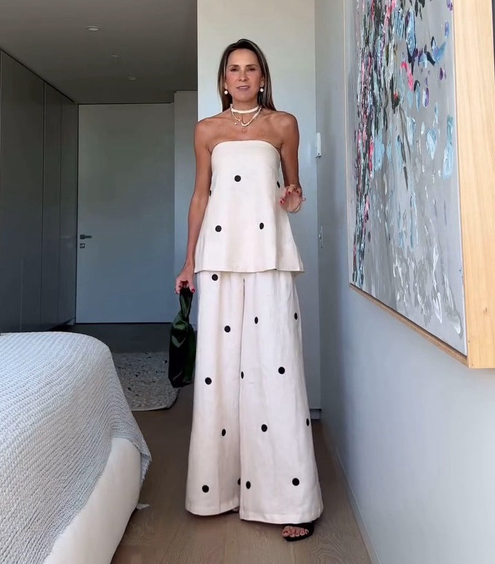 Fashionable Polka Dot Two-Piece Set with Strapless Top and Long Pants Casual Outfit