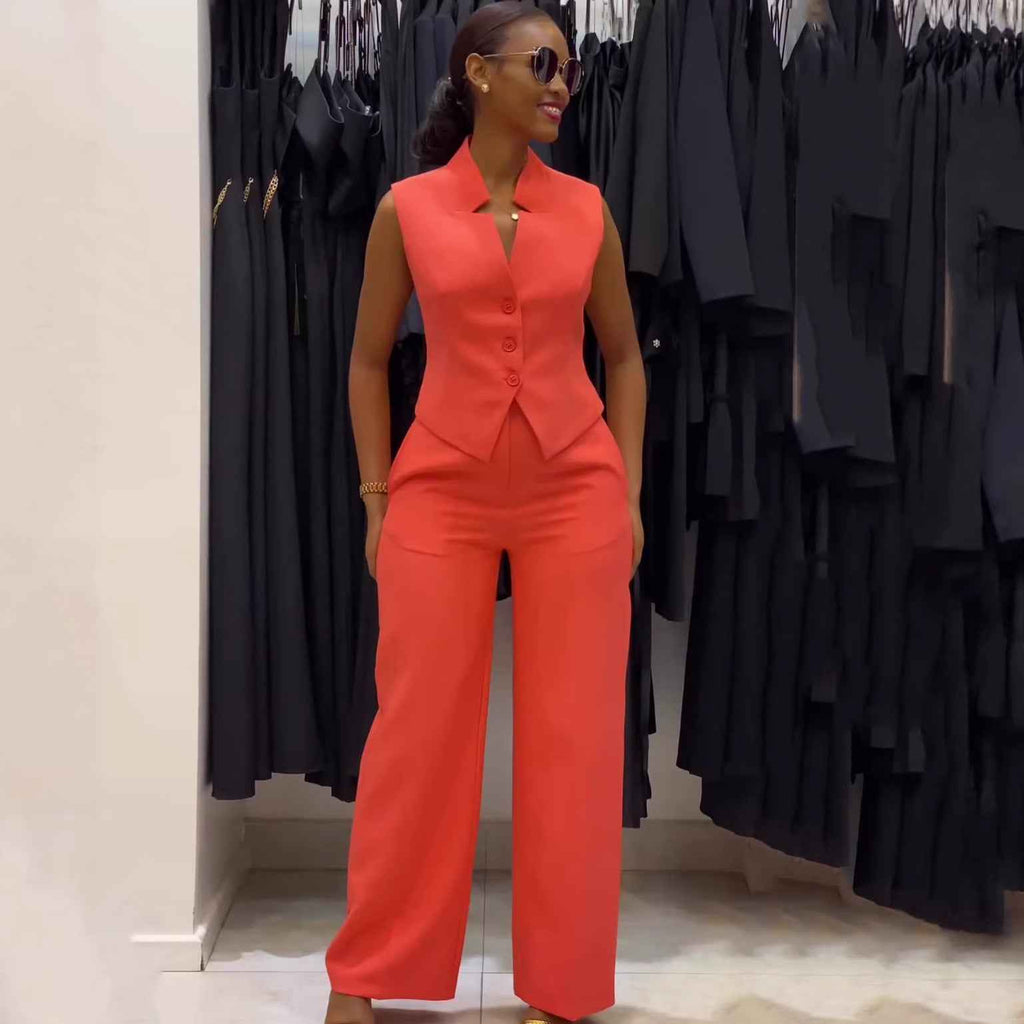 Sleeveless Plus Size Eye-Catching Wide-Leg Two-Piece Set Suit Combination Loose Orange Tangerine Red
