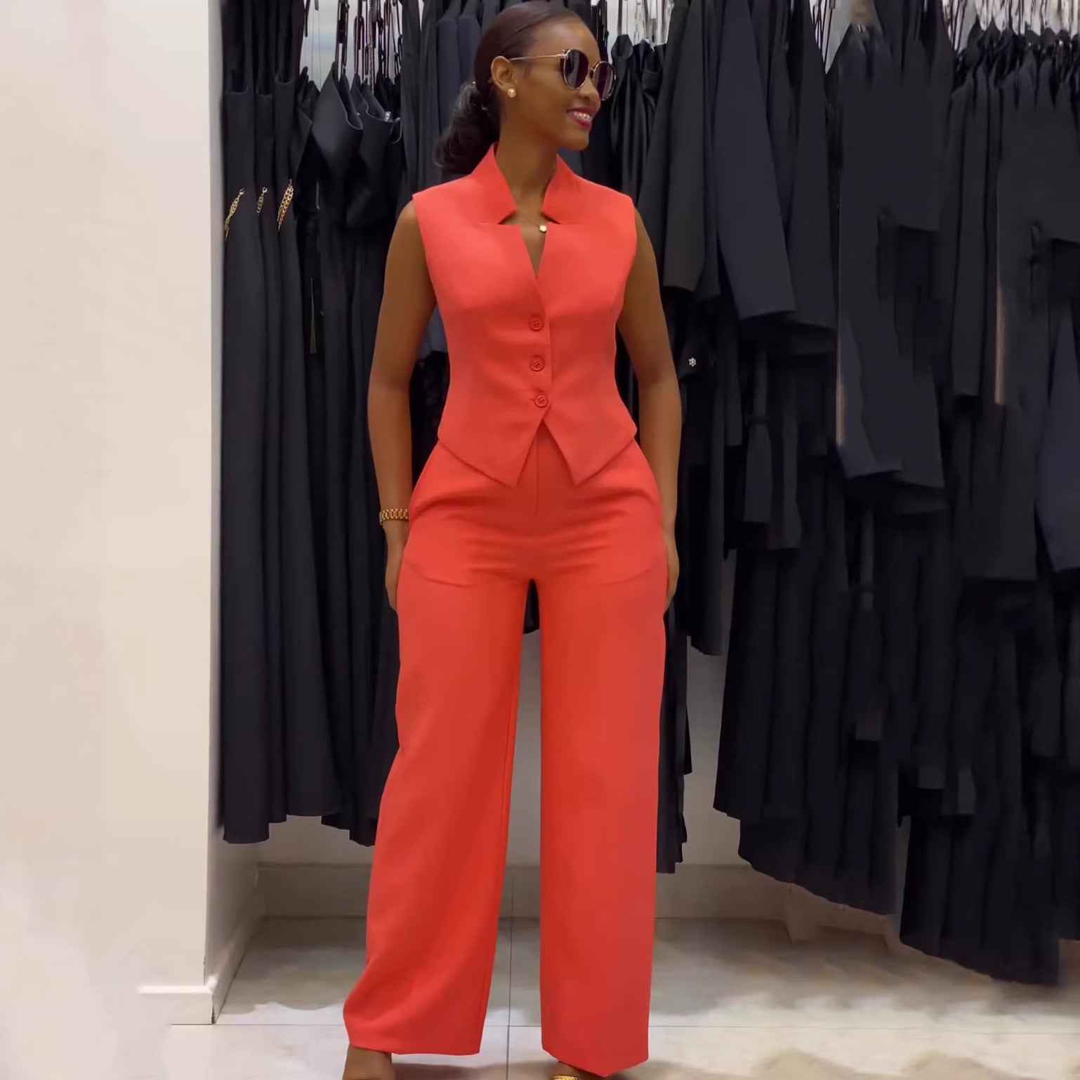 Sleeveless Plus Size Eye-Catching Wide-Leg Two-Piece Set Suit Combination Loose Orange Tangerine Red