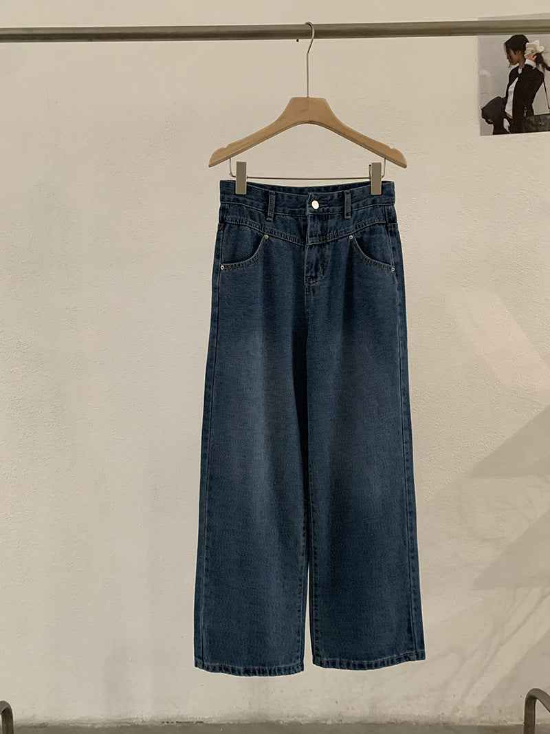 Vintage High-Waisted Denim Pants Women Loose Wide-Leg Slim Straight Leg Pants