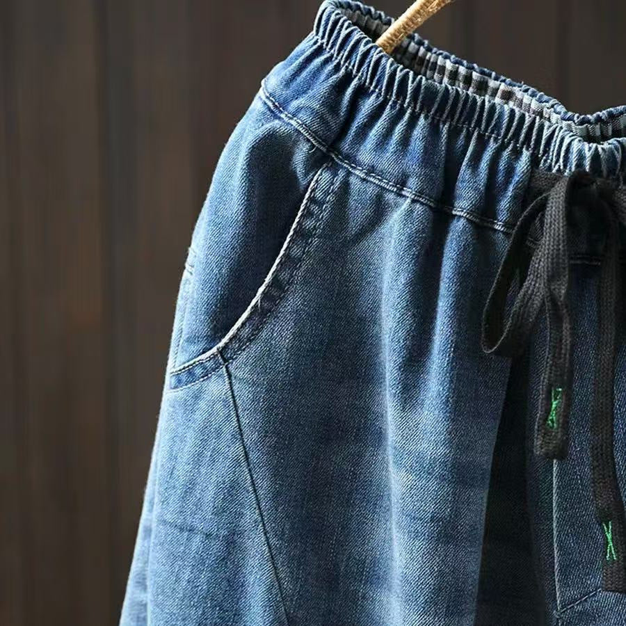 Thin Blue Denim Harem Pants for Women, Loose and Slimming Casual Nine-Point Pants