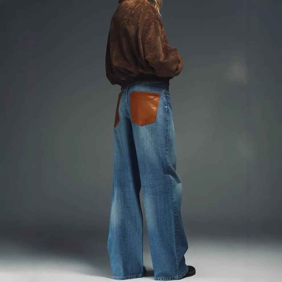 Casual Loose Straight Leg Washed Denim Pants with Leather Splicing for Women  Trendy Oversized Floor-Length Trousers
