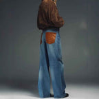 Casual Loose Straight Leg Washed Denim Pants with Leather Splicing for Women  Trendy Oversized Floor-Length Trousers