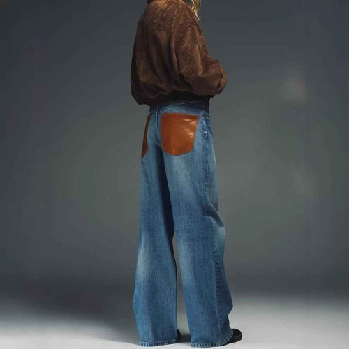Casual Loose Straight Leg Washed Denim Pants with Leather Splicing for Women  Trendy Oversized Floor-Length Trousers