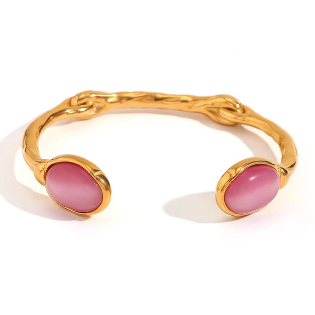 Oval Natural Stone Open Irregular Green Agate Pink Crystal Bracelet 18K Gold Plated 316L Stainless Steel Bracelets for Women eprolo