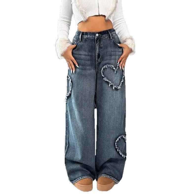 Style Street Retro Heart Frayed Patchwork Heavy Washed Denim Women's Loose Straight Leg Wide Leg Pants Ins