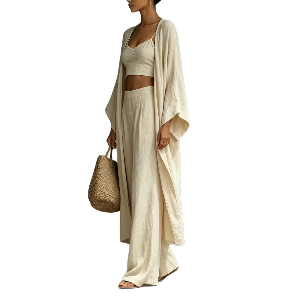 Loose cardigan short strap high waist wide leg pants set eprolo