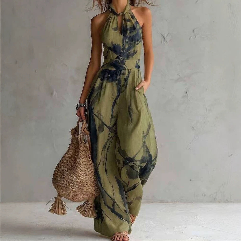 New halter backless jumpsuit, blue and white tie-dye wide-leg pants, summer beach women's wear