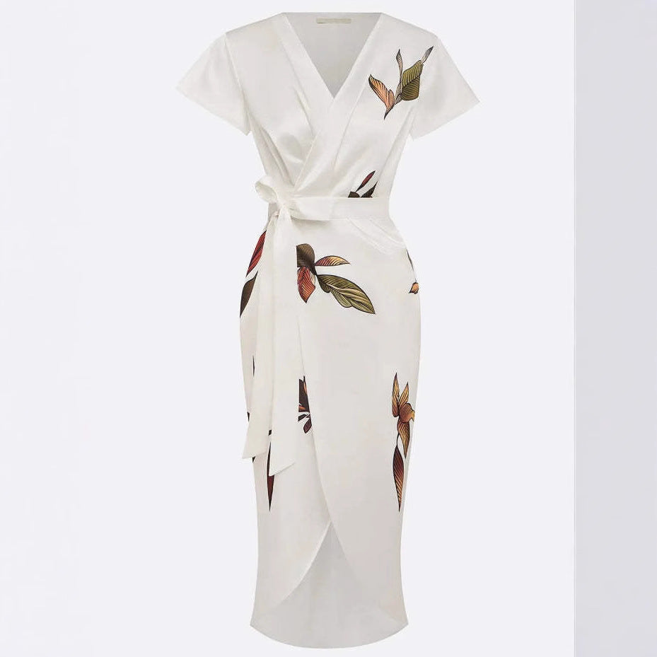 Fashion Satin Printed Belted Dress