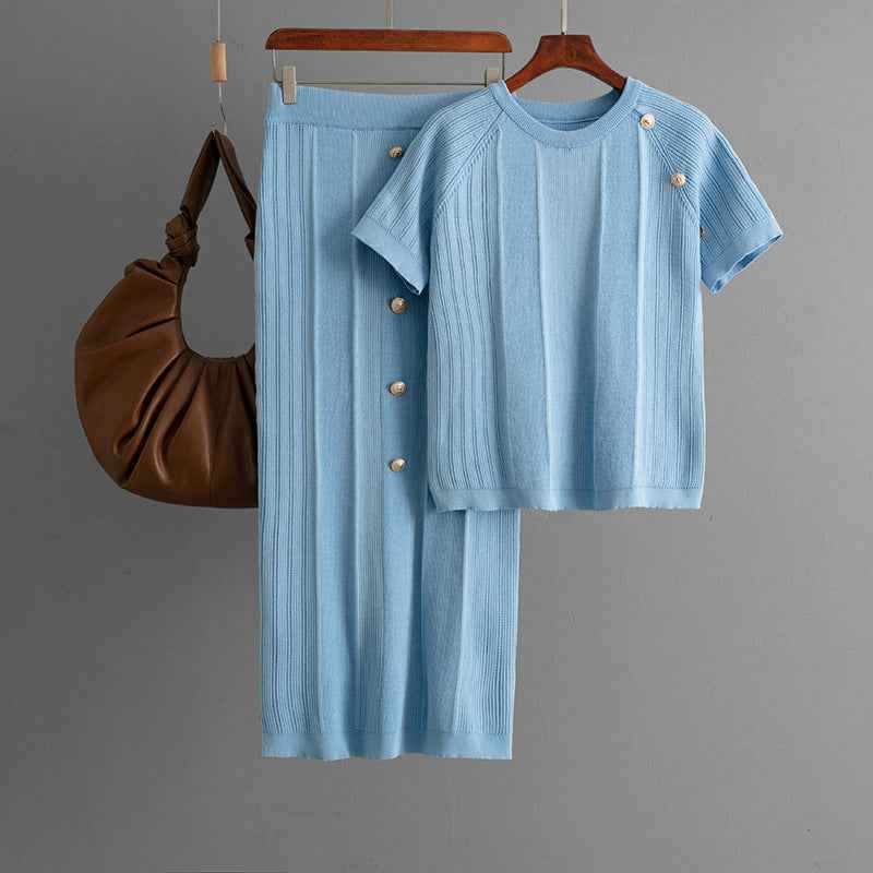 Round Neck Short Sleeve Button Decorated Top Set with Elastic Solid Color Knit Skirt Two-Piece Set