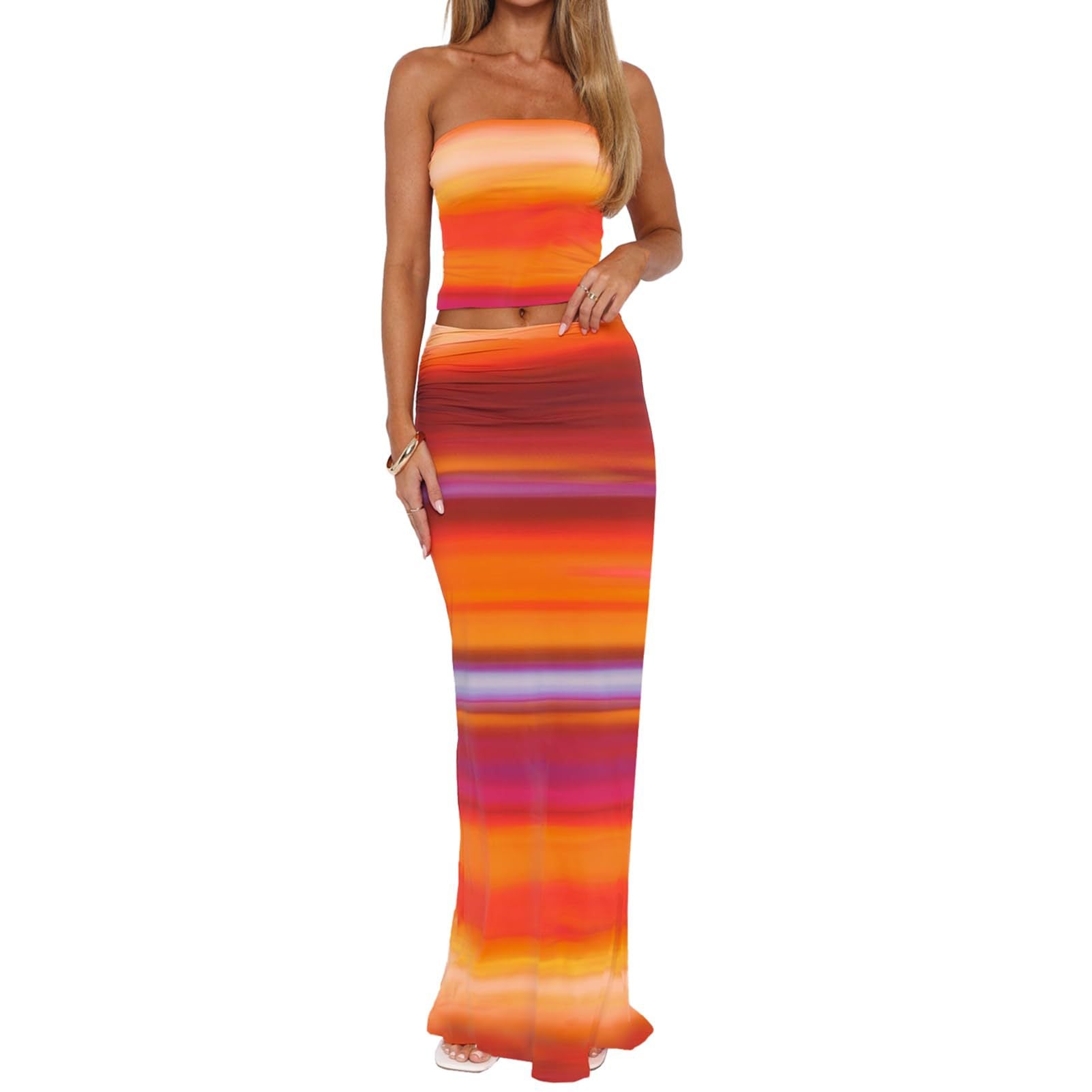 Sexy Fitted Strapless Floral Crop Top amp Bodycon Skirt Two-Piece Set for Women