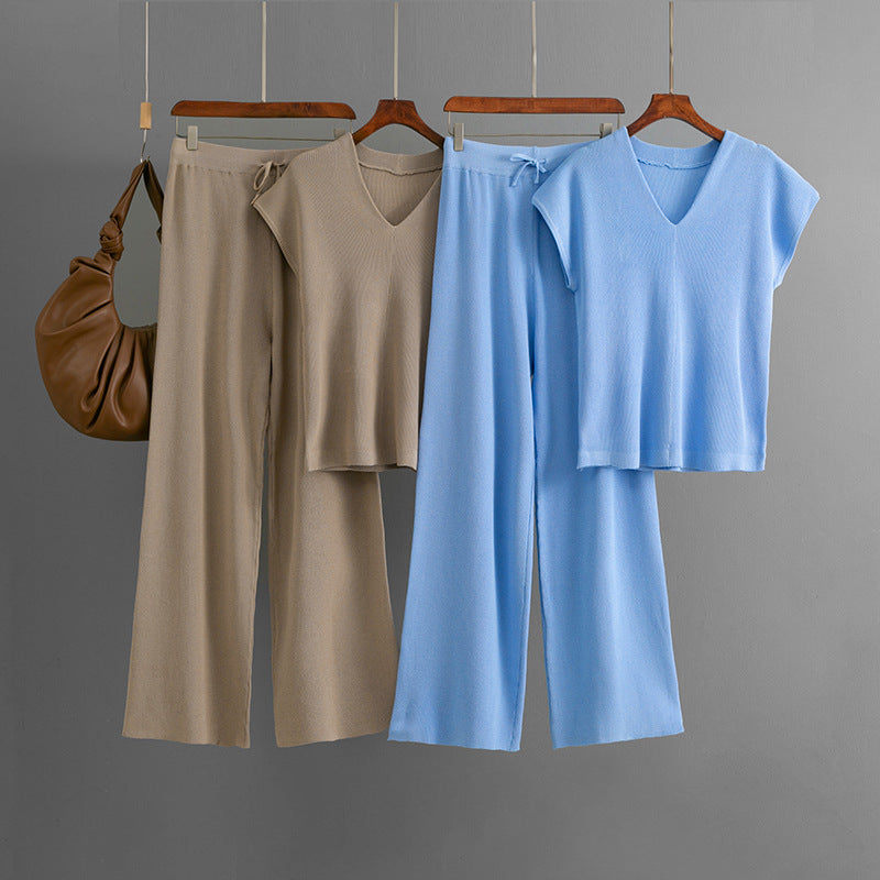 Sleeveless V-neck Knit Top Set Women's Pants Two-piece Set