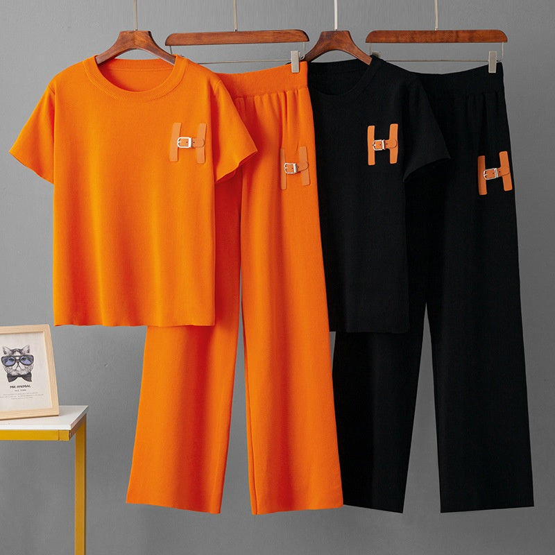 Two piece set of loose letter T-shirt and wide leg pants for women